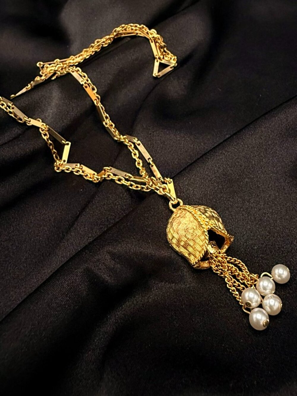 Vintage 1960s Gold Tone Necklace With Bell Pendant & Faux Pearl Tassels